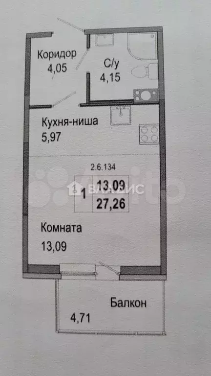 Квартира-студия, 27,3 м, 6/11 эт. - Фото 0