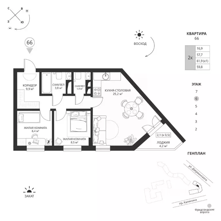 2-к кв. Калининградская область, Калининград просп. Калинина, 117 ... - Фото 1