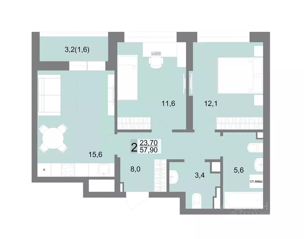 2-к кв. Свердловская область, Екатеринбург ул. Семена Лагоды, 80 (57.9 ... - Фото 1