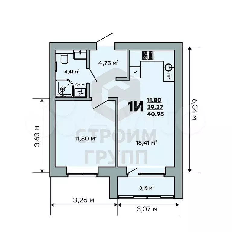 1-к. квартира, 41 м, 8/9 эт. - Фото 1