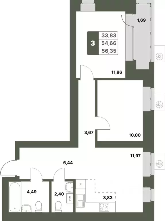 3-к кв. Башкортостан, Уфимский район, с. Миловка  (56.35 м) - Фото 0