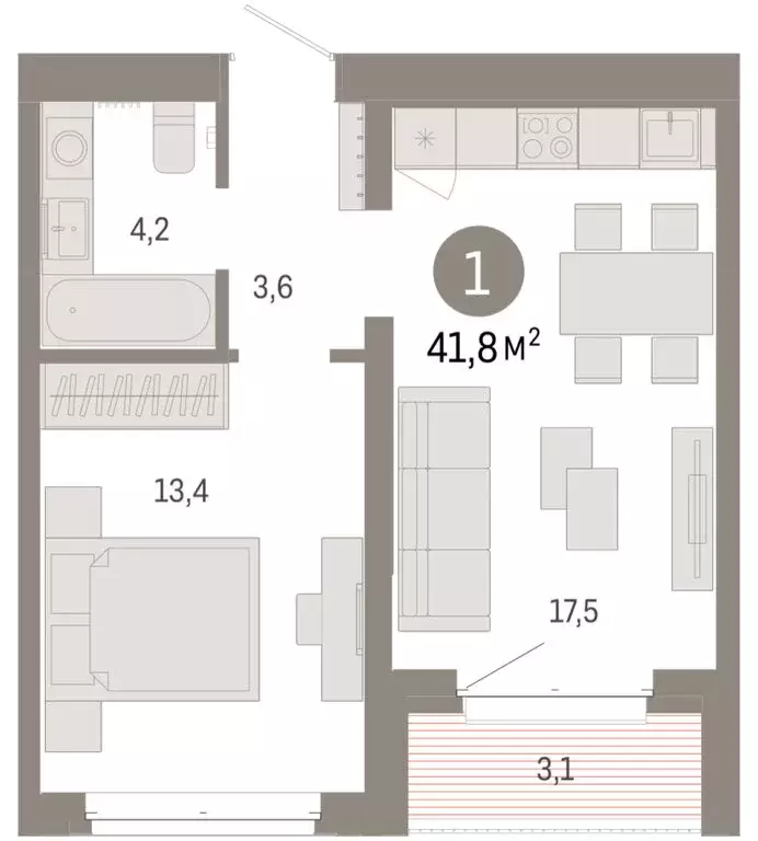 1-комнатная квартира: Тюмень, жилой комплекс На Минской (41.81 м) - Фото 2
