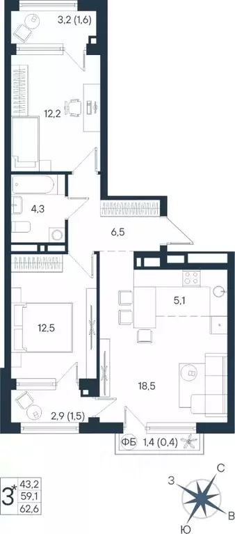 Студия Пермский край, Пермь ул. Космонавта Беляева, 17 (62.6 м) - Фото 1