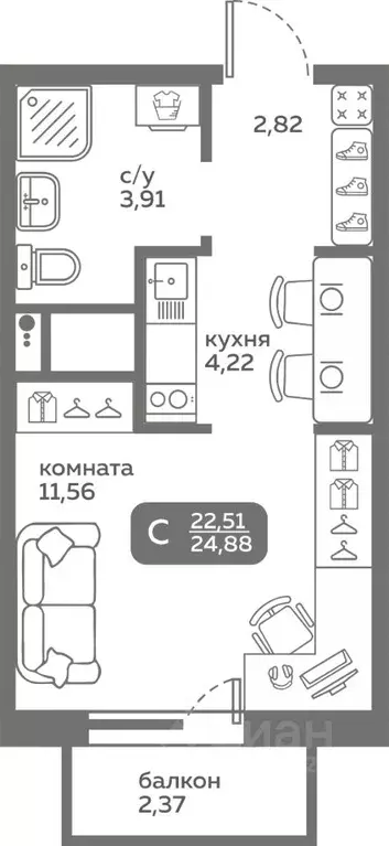 Студия Тюменская область, Тюмень ул. Вадима Бованенко, 10 (22.51 м) - Фото 0