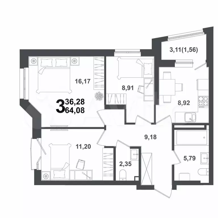 3-к. квартира, 64,1 м, 9/12 эт. - Фото 1