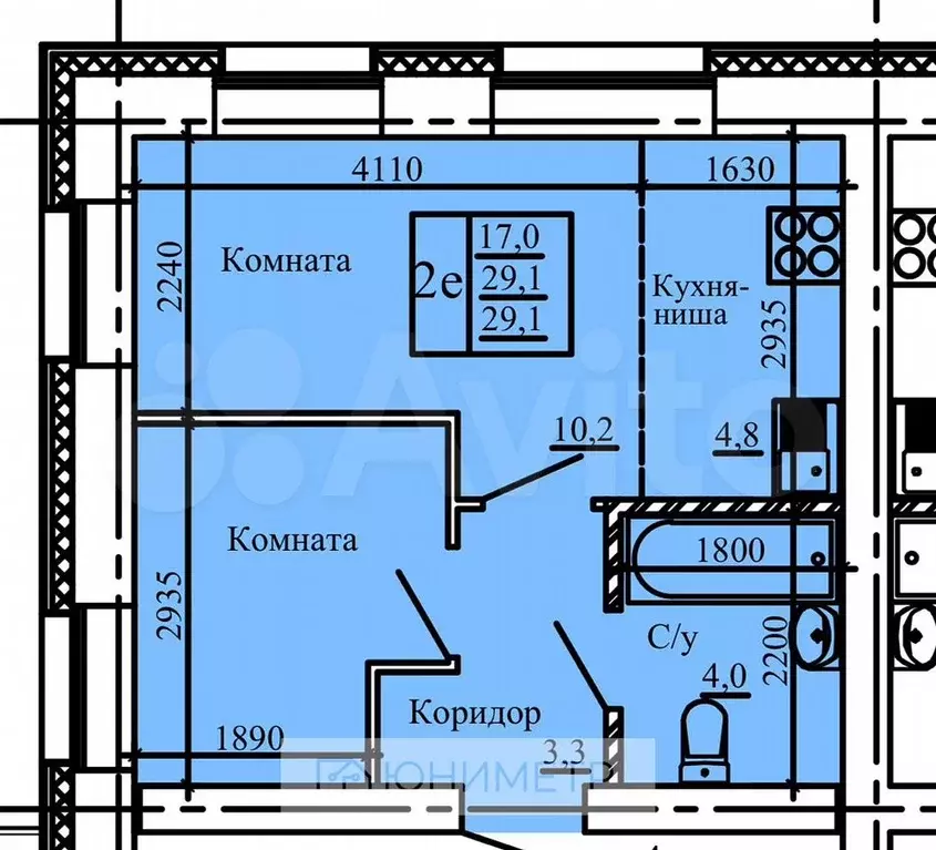 1-к. квартира, 29,1 м, 1/14 эт. - Фото 0