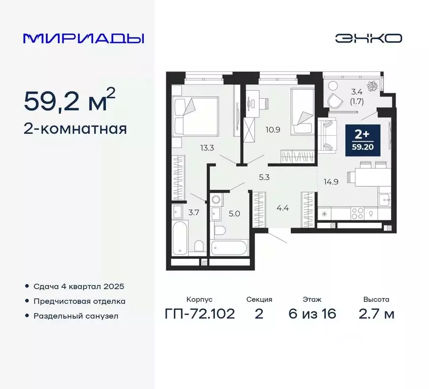 2-к кв. Тюменская область, Тюмень Мириады жилой комплекс (59.2 м) - Фото 0