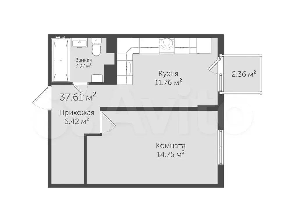 1-к. квартира, 37,6 м, 5/5 эт. - Фото 0