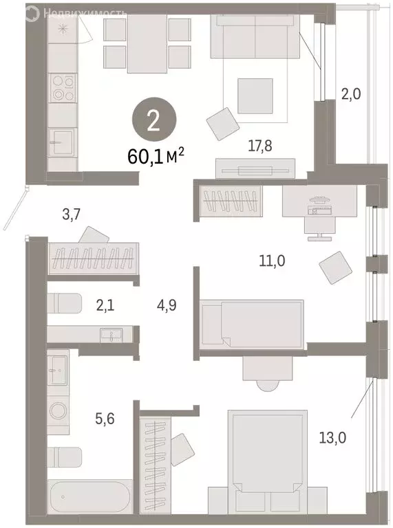 3-комнатная квартира: Тюмень, улица Республики, 205к1 (60.4 м) - Фото 2