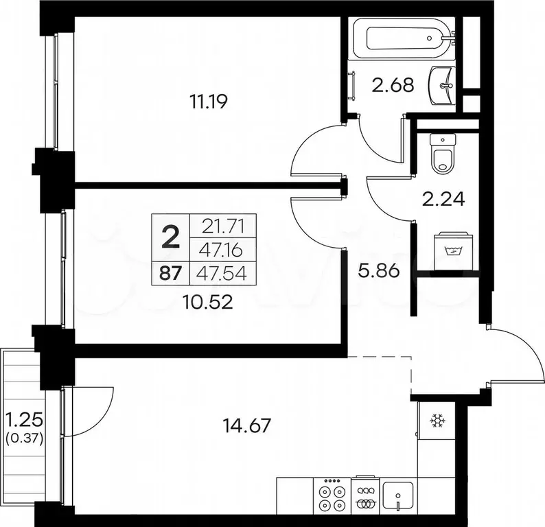 2-к. квартира, 47,5 м, 8/16 эт. - Фото 0