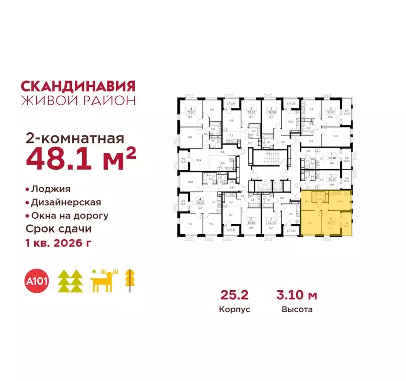 2-к кв. Москва Скандинавия жилой комплекс, 25.2 (48.1 м) - Фото 2