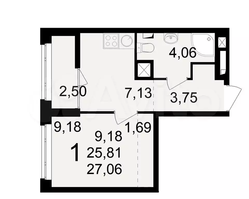 1-к. квартира, 27,1 м, 1/25 эт. - Фото 0