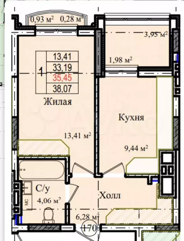 1-к. квартира, 36 м, 7/9 эт. - Фото 1