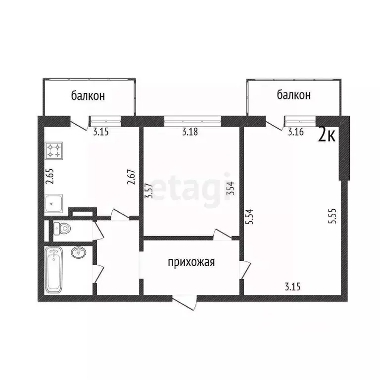 2-к кв. Белгородская область, Белгород ул. Есенина, 50б (50.8 м) - Фото 2