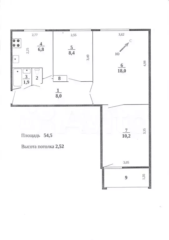 3-к. квартира, 54,5 м, 8/9 эт. - Фото 0