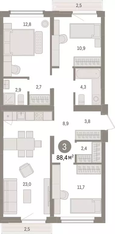 3-комнатная квартира: Липецк, площадь Петра Великого, 1 (88.4 м) - Фото 0