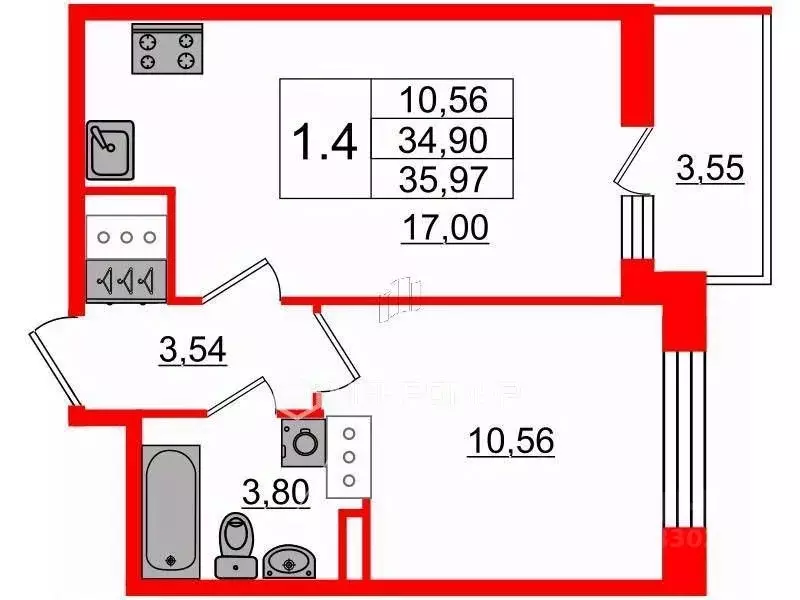 1-к кв. Санкт-Петербург Железнодорожный просп., 14к1 (34.1 м) - Фото 2