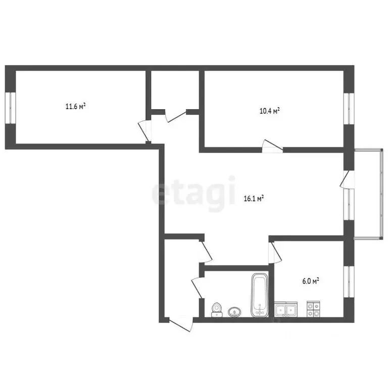 3-к кв. Чувашия, Чебоксары ул. Юрия Гагарина, 19 (57.0 м) - Фото 2