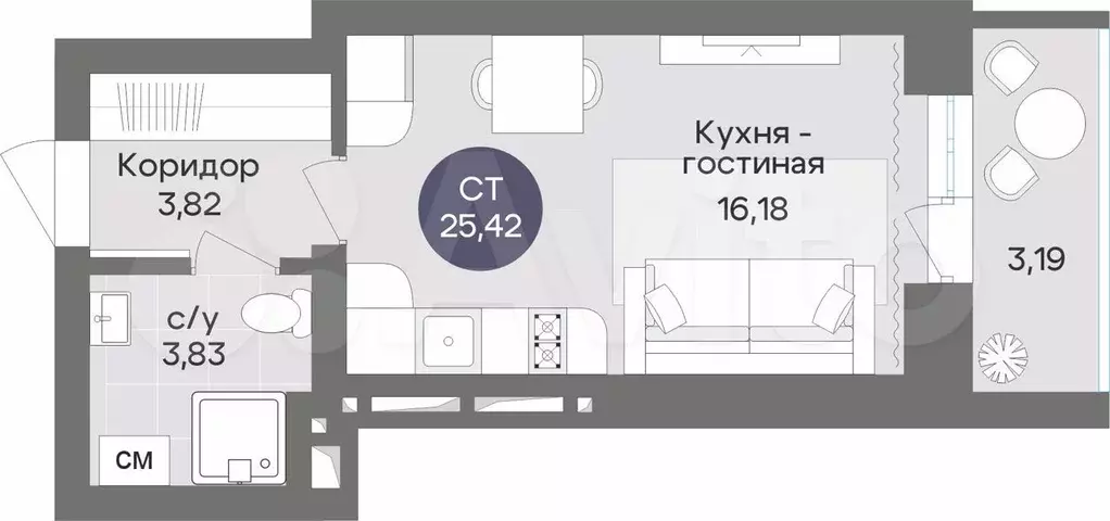 Квартира-студия, 25,4 м, 2/15 эт. - Фото 0