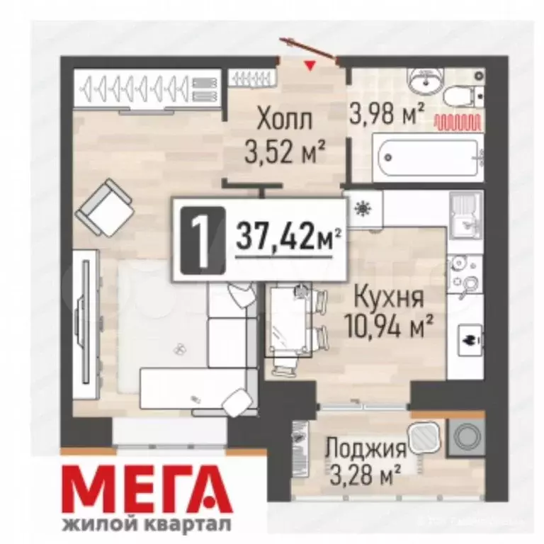 1-к. квартира, 37,4 м, 9/10 эт. - Фото 1