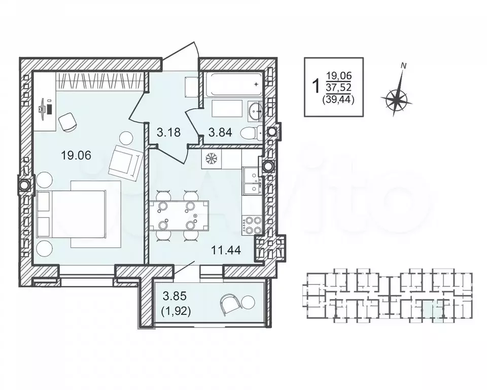 1-к. квартира, 39,4 м, 4/4 эт. - Фото 1
