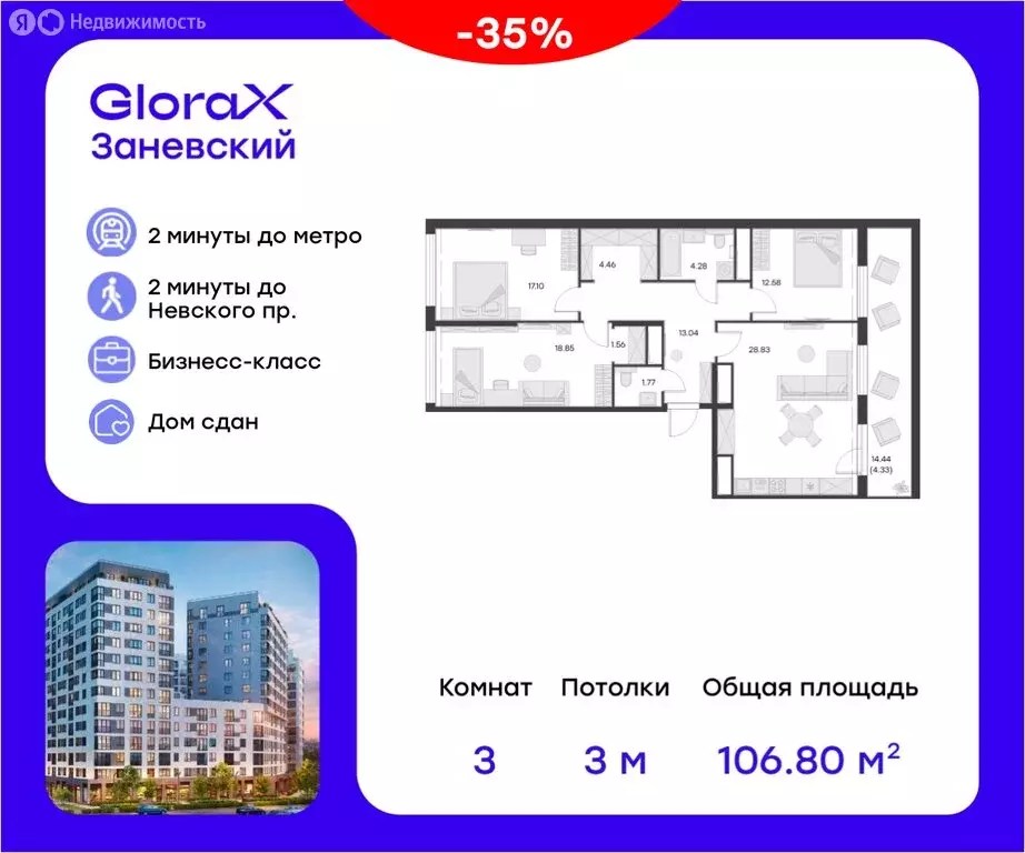 3-комнатная квартира: Санкт-Петербург, проспект Энергетиков, 2к1 ... - Фото 0