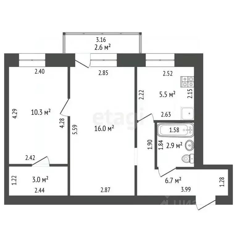 2-к кв. Башкортостан, Стерлитамак ул. Дружбы, 29 (44.4 м) - Фото 2