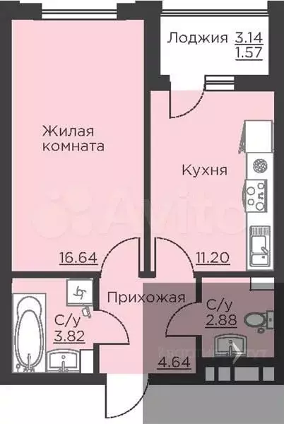 1-к. квартира, 40,8 м, 2/18 эт. - Фото 0
