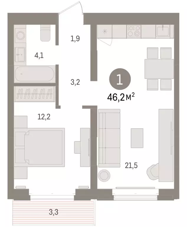 1-комнатная квартира: Тюмень, жилой комплекс На Минской (46.23 м) - Фото 2