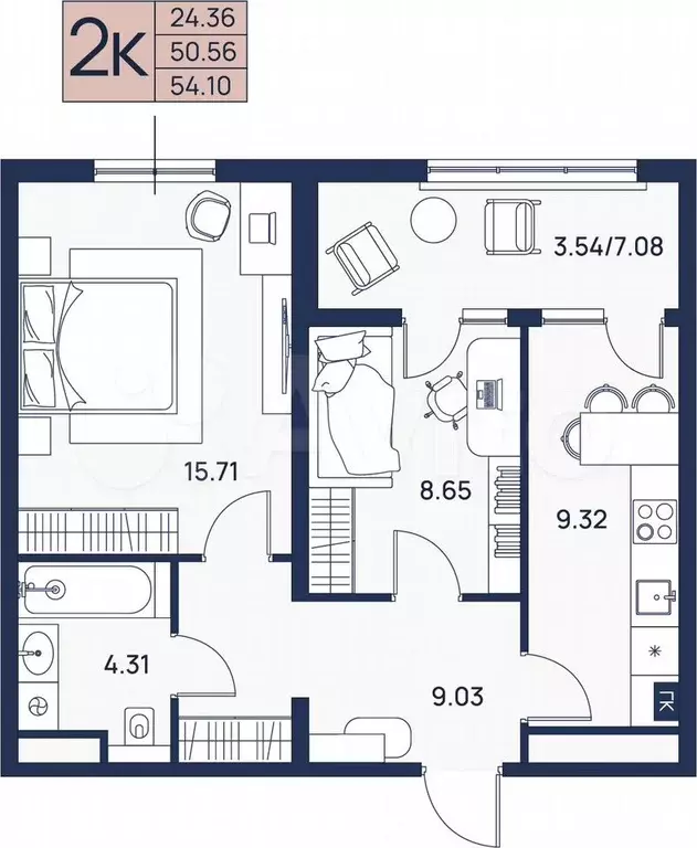 2-к. квартира, 54,1 м, 2/4 эт. - Фото 0