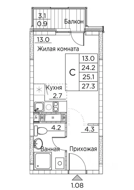 Студия Приморский край, Владивосток ул. Расула Гамзатова, 7к2 (27.3 м) - Фото 0