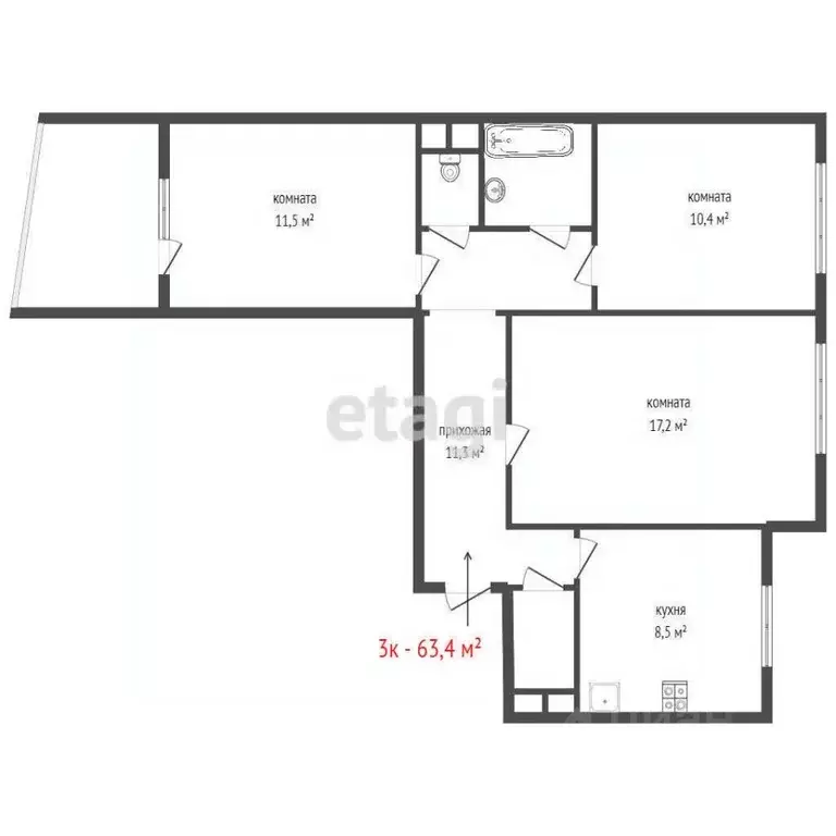 3-к кв. Свердловская область, Екатеринбург ул. Ангарская, 26 (63.4 м) - Фото 2