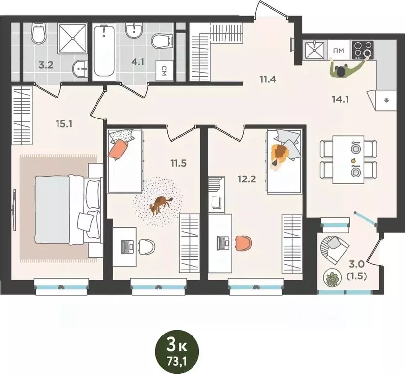 3-к кв. Пермский край, Пермь ул. Куфонина, 1 (73.1 м) - Фото 1