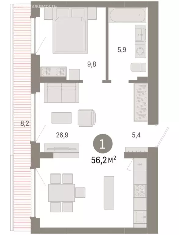 1-комнатная квартира: Новосибирск, квартал Лебедевский (56.2 м) - Фото 1