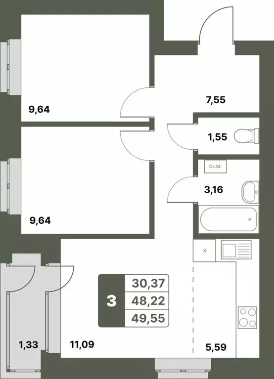 3-к кв. Башкортостан, Уфимский район, с. Миловка  (49.55 м) - Фото 0
