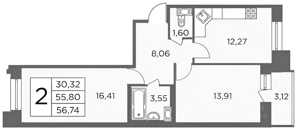 2-к кв. Санкт-Петербург ул. Александра Матросова, 8к1 (55.3 м) - Фото 1