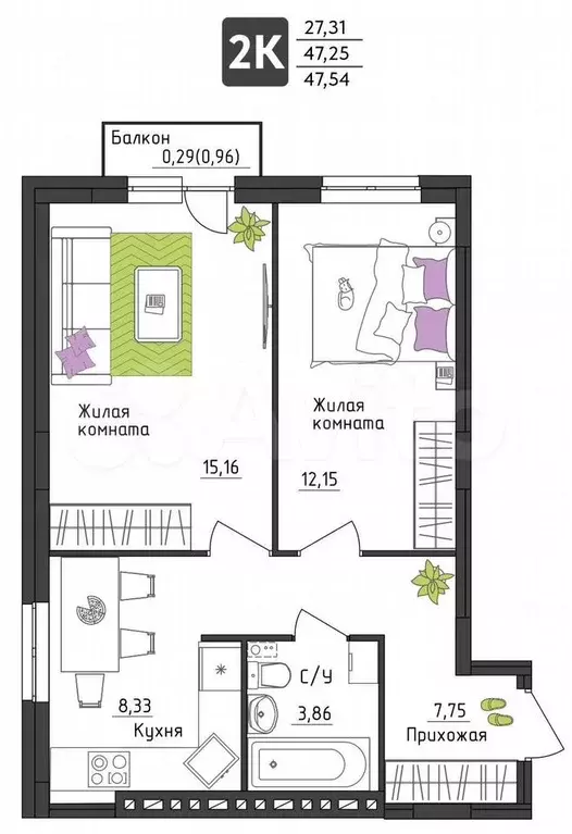 2-к. квартира, 47,5 м, 2/4 эт. - Фото 0