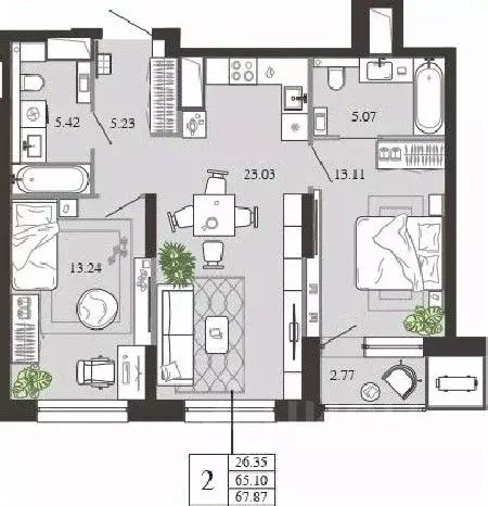 2-к кв. Тульская область, Тула ул. Фридриха Энгельса, 74 (67.87 м) - Фото 1