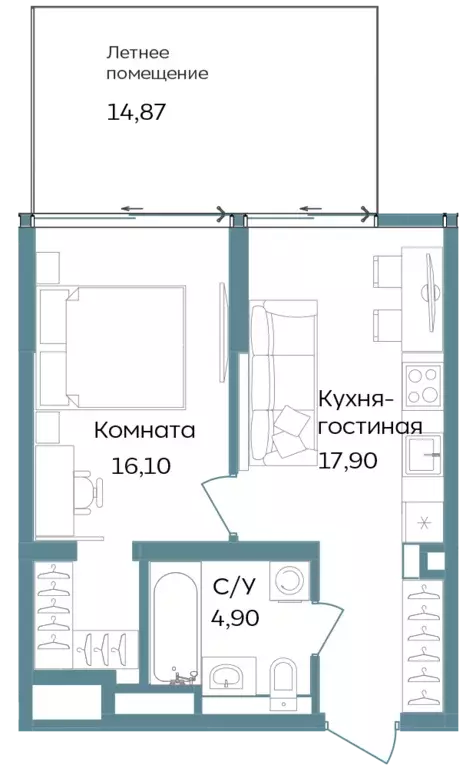 1-к квартира, 53.77 м - Фото 0