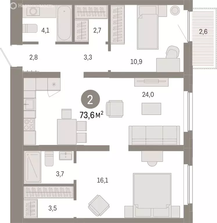 2-комнатная квартира: Тюмень, Мысовская улица, 26к2 (73.56 м) - Фото 1