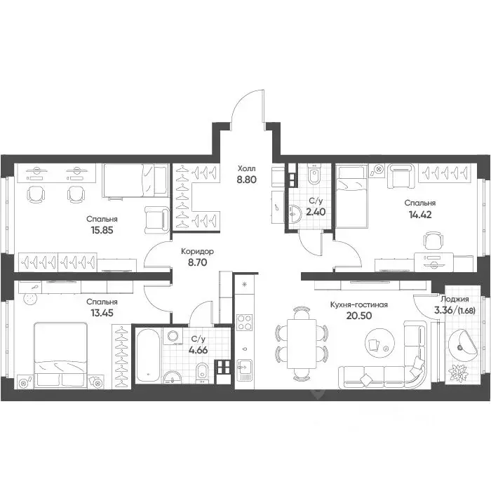 3-к кв. Свердловская область, Екатеринбург бул. Вдохновения, 4 (90.0 ... - Фото 1