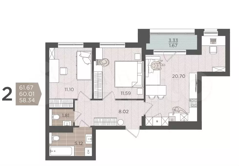 2-к. квартира, 60 м, 2/9 эт. - Фото 1