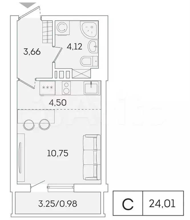 Квартира-студия, 23,1 м, 6/16 эт. - Фото 0