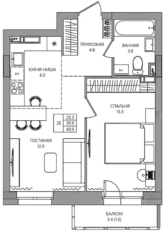 2-к кв. Пермский край, Пермь ул. Капитана Гастелло, 15 (40.9 м) - Фото 1