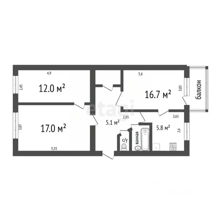 3-к кв. Ульяновская область, Ульяновск Оренбургская ул., 34 (59.7 м) - Фото 2