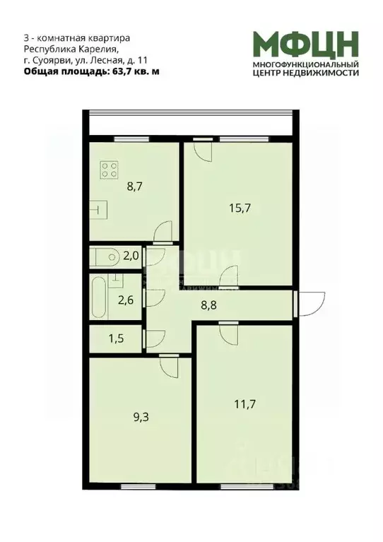 3-к кв. Карелия, Суоярви Лесная ул., 11 (63.7 м) - Фото 2