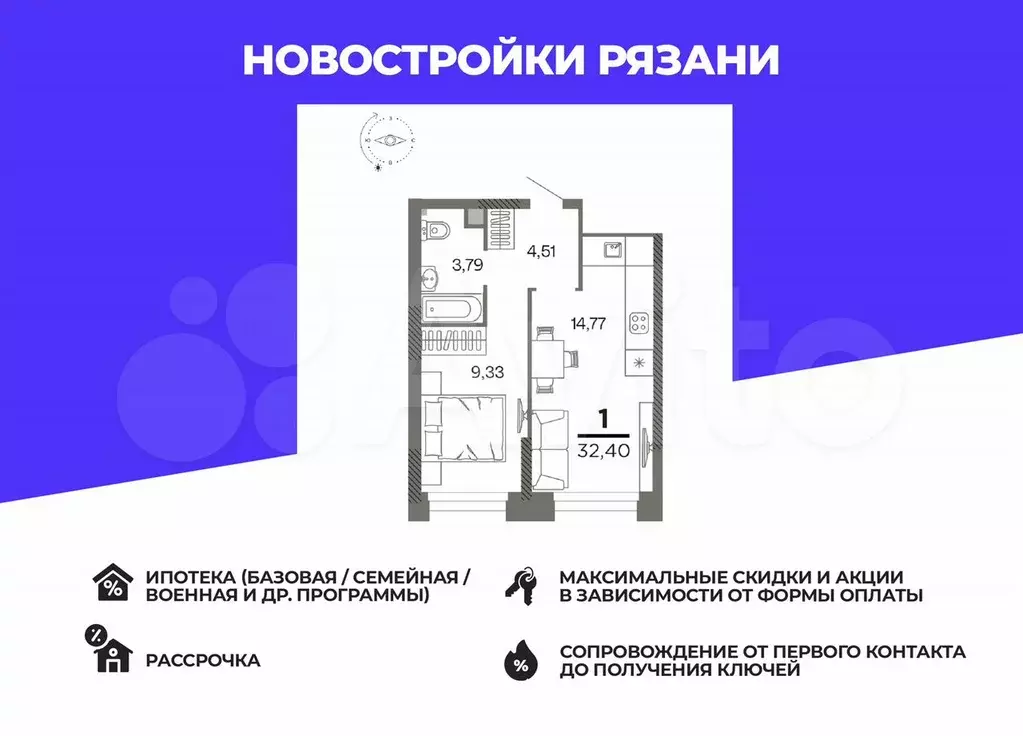 1-к. квартира, 32,4 м, 23/26 эт. - Фото 0