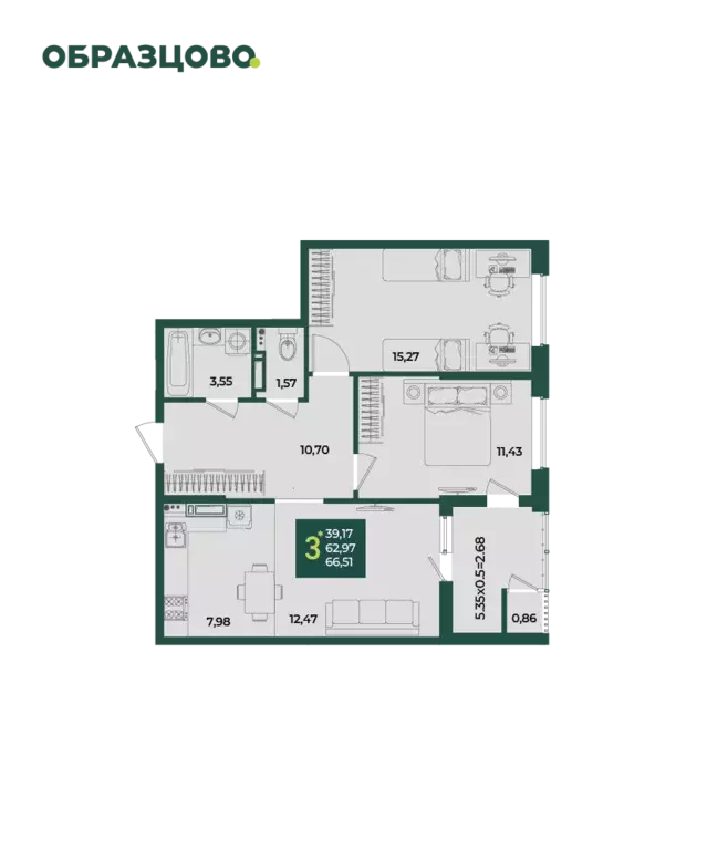 3-к квартира, 66.51 м - Фото 0