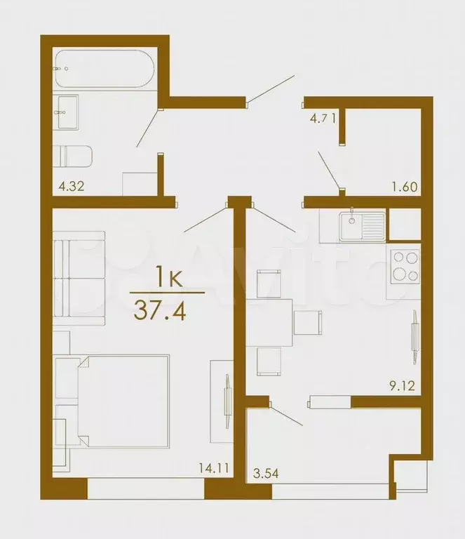 1-к. квартира, 37,4 м, 6/13 эт. - Фото 0