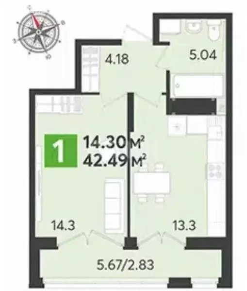 Квартира, 1 комната, 42.5 м - Фото 0